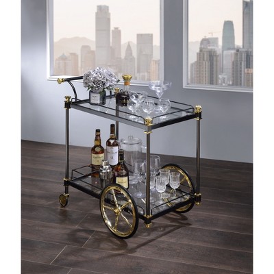 Kitchen Cart with Two Fixed Glass Shelves and Wine Bottle Rack