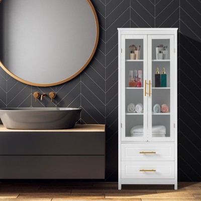FURNIinspire Bathroom Storage Cabinets Home Storage Bathroom Cabinet Organizer, Storage Lockers, Glass Doors, Drawers, White, 15.7"*23.6"*63"