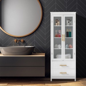 FURNIinspire Bathroom Storage Cabinets Home Storage Bathroom Cabinet Organizer, Storage Lockers, Glass Doors, Drawers, White, 15.7"*23.6"*63" - 1 of 4