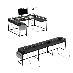 U-shaped computer desk, reversible L-shaped console table with sockets, light strip and monitor stand, storage function, suitable for home office - 1 of 4