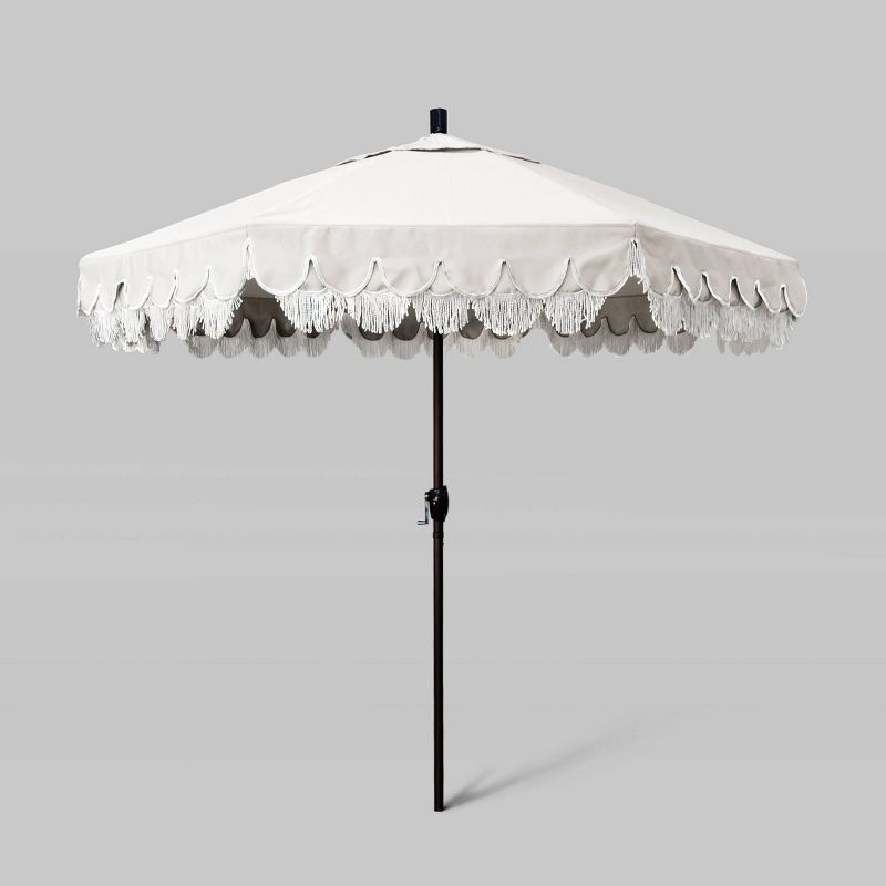 9' Sunbrella Scallop Base and Fringe Market Patio Umbrella with Push Button Tilt - Bronze Pole - California Umbrella, 1 of 5