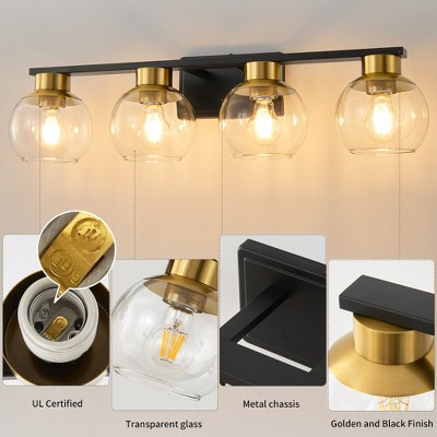 POWLIG 29.53-in 4-Light Black and Gold Bathroom Vanity Light with Clear Glass Shades, Bulbs not Included
