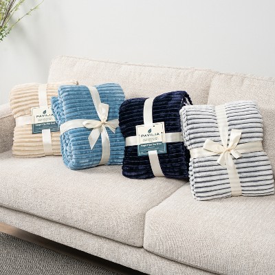 Navy Blue Reversible Sherpa Fleece Throw Blanket
