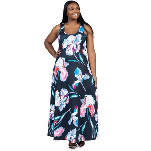 24seven Comfort Apparel Plus Size Black Floral Print Scoop Neck A Line  Sleeveless Maxi Dress-Multicolored-1X