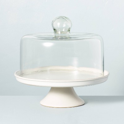 Modern Rim Stoneware & Glass Cloche Pedestal Cake Stand Sour Cream - Hearth & Hand™ with Magnolia