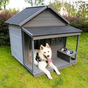 ORRD Large Outdoor Dog House with Asphalt Roof & Terrace, Solid Wood Weatherproof Kennel for Large Dogs up to 80 lbs, Includes Cleaning Mat & Bowl - 1 of 4