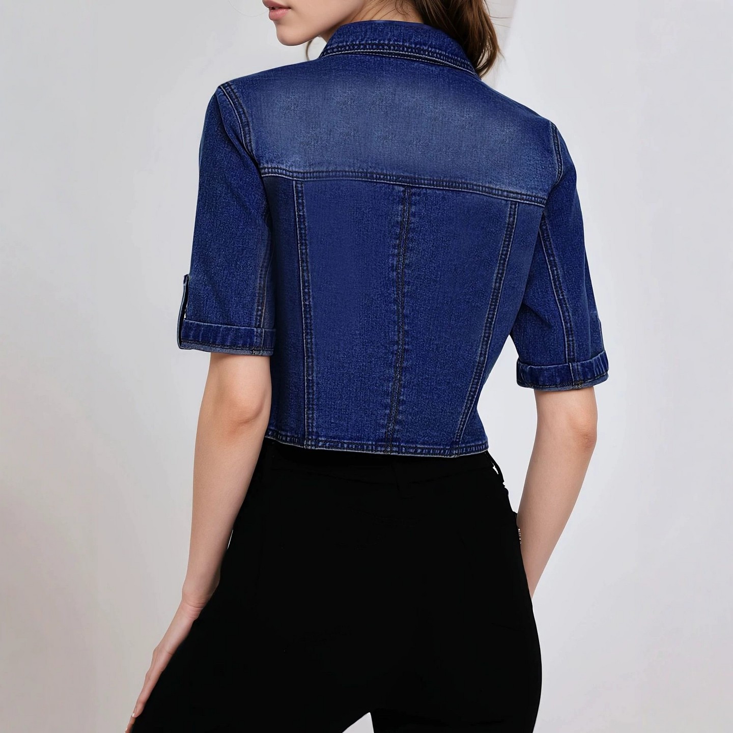 Женская куртка YesFashion Cropped Short Sleeve Denim Jacket Elastane Lapel Single Breasted Jean Outerwear, L, Dark blue, цвет: Джинсовый — фото 4