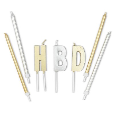 Blue Panda 27-Count Metallic Gold Silver "HBD" Letters Cake Topper with Thin Birthday Candles 5-Inch & Holders