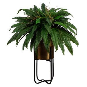 Nearly Natural 35-in Artificial Boston Fern in Brass Metal Planter with Stand - 1 of 4