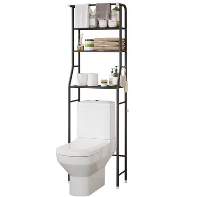 SUGIFT 3 Tier Over The Toilet Rack, Metal Bathroom Organizer Shelf with Paper Holder and 3 Hooks, Black