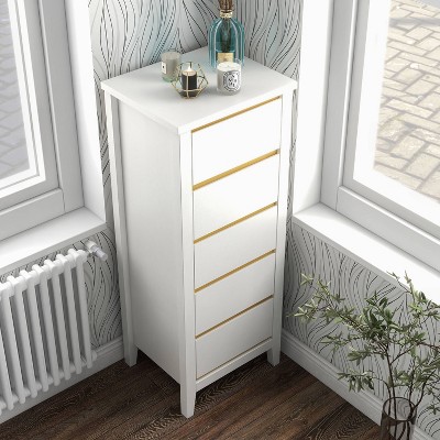 White and Gold 5-Drawer Tall Chest with Faux Trim