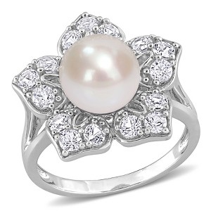 EVERLY JEWELRY | Sterling Silver 8.5-9mm Cultured Freshwater Pearl and 1 1/3 CT TGW Created White Sapphire Floral Pearl Ring - 1 of 4
