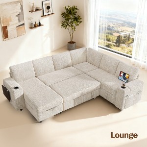 Dyonery sofa, with a pull-out bed, 5-seat sofa, adjustable backrest, storage space, small table and cup holder, tool-free assembly - 1 of 4