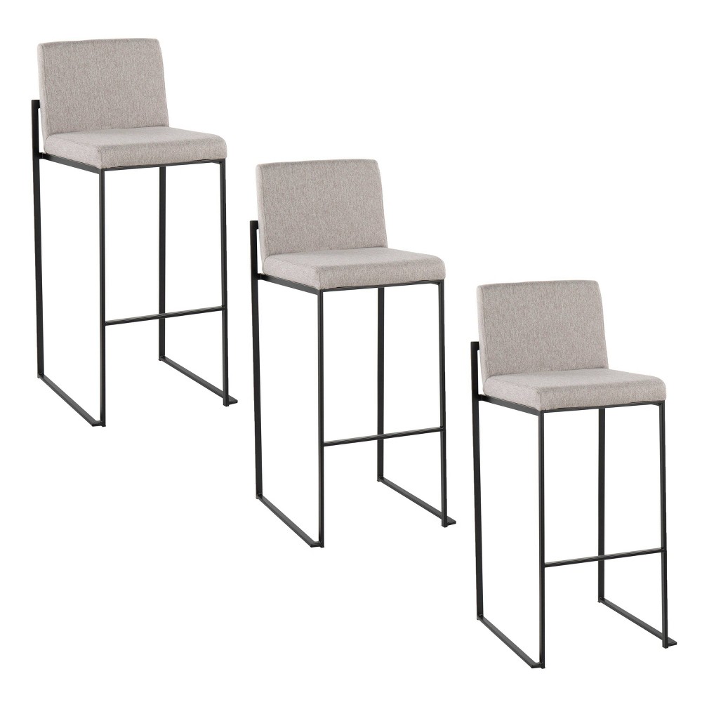 LumiSource Set of 3 Fuji High Back Barstools Black Steel/Gray Fabric