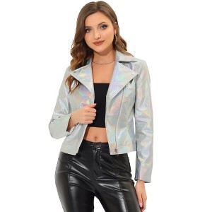 Allegra K Women's Metallic Biker Holographic Shiny Jackets - 1 of 4