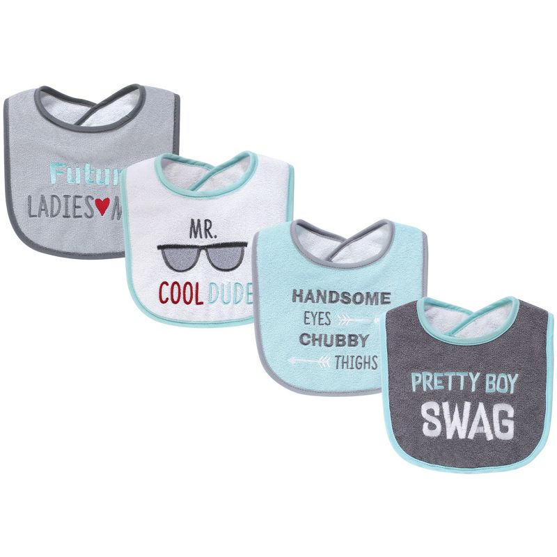 Hudson Baby Infant Boy Cotton Terry Drooler Bibs with Fiber Filling 4pk, Pretty Boy Swag, One Size, 1 of 7