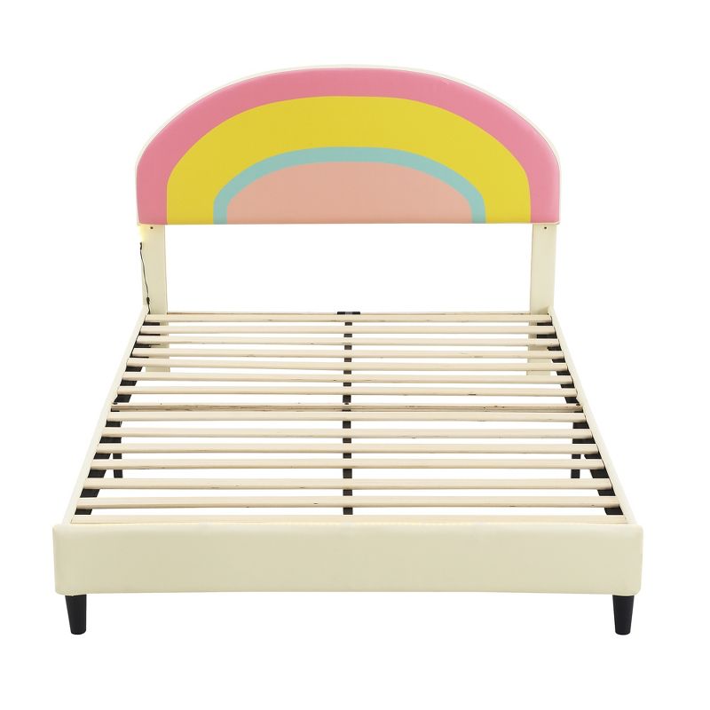 Full/Twin Size Upholstered Platform Bed with Rainbow Shaped and Height-adjustable Headboard, LED Light Strips, Beige -ModernLuxe, 5 of 13