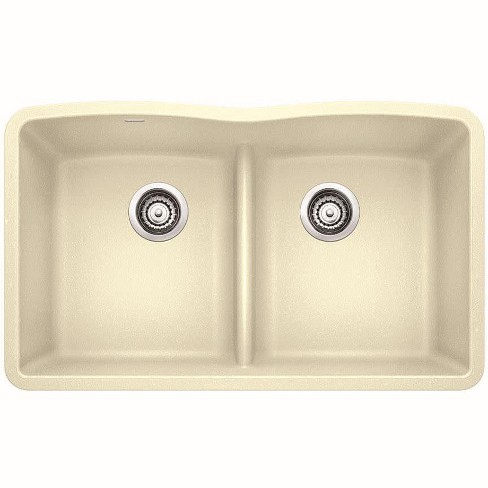 Blanco 442076 Diamond 32 Silgranit Granite Composite Undermount Equal Double Bowl Kitchen Sink With Low Divide Biscuit