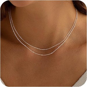 Dainty Silver Plated Layered Necklace Set: Snake Twist, Rope, Herringbone & Satellite Chains for Women & Girls, Adjustable Gift - 1 of 4