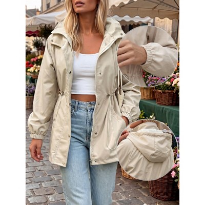 Женские куртки INSPIRE CHIC Women's Stand Collar Hooded Mid-Length Drawstring Waist Elastic Cuffs Outdoor Coats Large Beige — фото 2