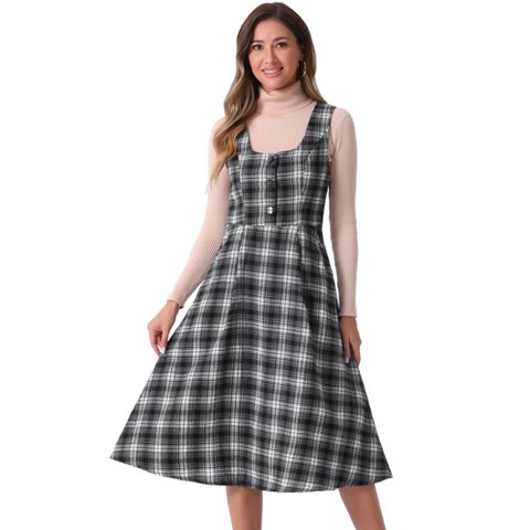 Женские платья INSPIRE CHIC Women's Plaid Vintage Sleeveless High Waist Midi Pinafore A-Line Dress with Pocket Black Large