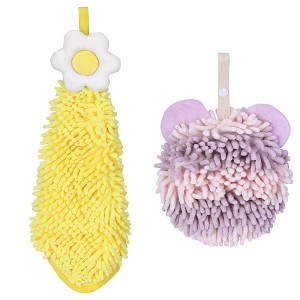 REGALWOVEN Soft Absorbent Cute Fuzzy Hanging Decorative Bathroom Chenille Hand Towel 6" x 15"/7" x 7" 2 Packs - 1 of 4