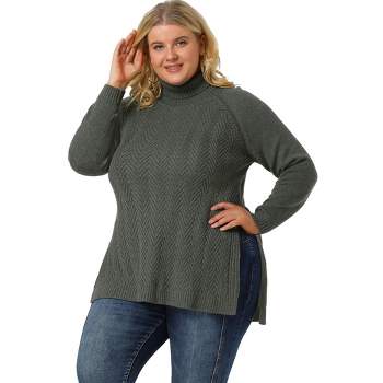 Agnes Orinda Women's Plus Size Side Slit Raglan Sleeve Turtleneck Soft Pullover Sweaters