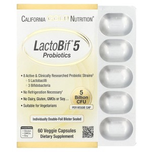 California Gold Nutrition LactoBif® 5, Probiotics with 5 Lactobacilli and 3 Bifidobacteria, 5 Billion CFU, 60 Veggie Capsules - 1 of 3