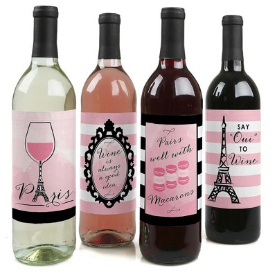 Big Dot of Happiness Paris, Ooh La La - Paris Themed Baby Shower or Birthday Party Decorations for Women & Men - Wine Bottle Label Stickers - Set of 4