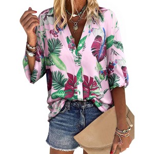 Nlife Women Pineapple Printed Lapel Collar Half Sleeves Buttons Down Blouse Shirt - 1 of 4