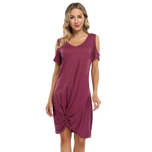 Women's Cold Shoulder Summer Twist Knot Mini Tshirts Dresses - 1 of 4