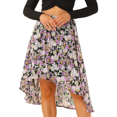 INSPIRE CHIC Women's High Low Hem Elastic Waist Lurex Chiffon A-Line Midi Floral Skirt