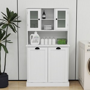 VYNXARIA Two-Compartment Tilt-Out Dirty Laundry Basket Tall Bathroom Cabinet with 2 Adjustable Shelves-White - 1 of 4