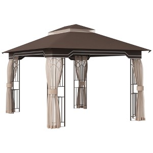 Outsunny 10' x 12' Patio Gazebo Outdoor Canopy Shelter with Double Tier Roof and Netting Sidewalls for Garden, Lawn, Backyard and Deck, Brown - 1 of 4