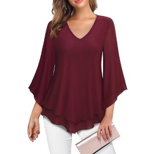 Coolmee Womens Dressy Blouse V Neck Double Layers Elastic Mesh Casual Flowy Work Shirts Ruffle 3/4 Flared Sleeve Tunic Tops - 1 of 4