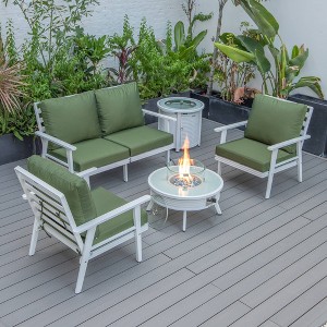 LeisureMod Walbrooke 4-Piece Outdoor Patio Conversation Set – White Trim Fire Pit Table with Cushioned Ottoman for Patio, Deck, Balcony & Backyard - 1 of 4