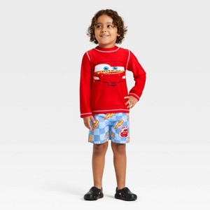 Toddler Boys' Cars Lightning McQueen Long Sleeve Rash Guard Set - Red - 1 of 4