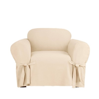 Heavy Weight Cotton Canvas Chair Slipcover Natural - Sure Fit: Machine Washable, Indoor Furniture Protector with Front Armrest Ties