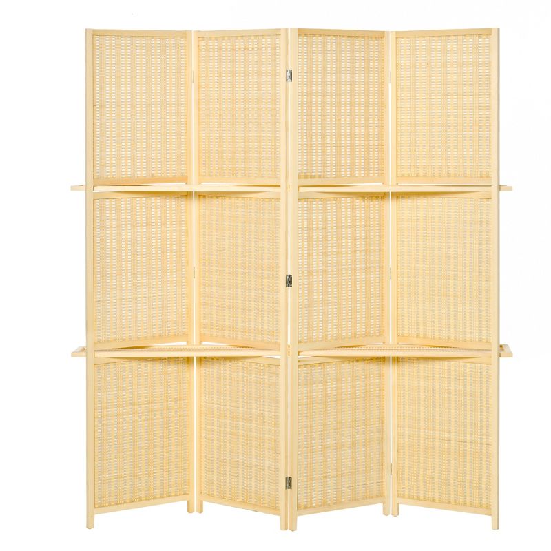 HOMCOM 4-Panel Bamboo Room Divider, 6 Ft Folding Privacy Screen with 2 Display Shelves for Bedroom and Office, Natural, 1 of 7