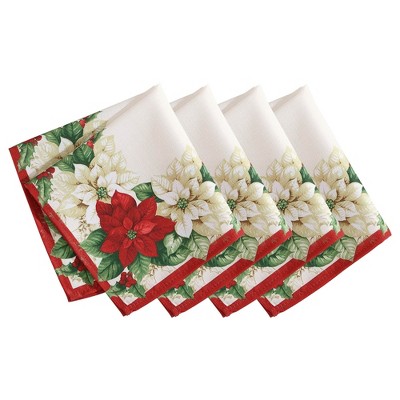 Red and White Poinsettias Napkin, Set of 4 - 17" x 17" - Red/Green - Elrene Home Fashions