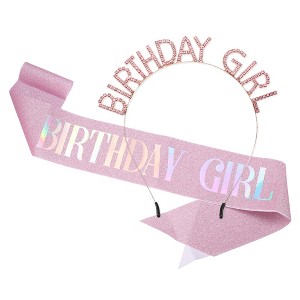 Unique Bargains Girl's Rhinestone Happy Birthday Tiara Headband with Shoulder Strap Rose Gold Tone Pink 1 Set - 1 of 4