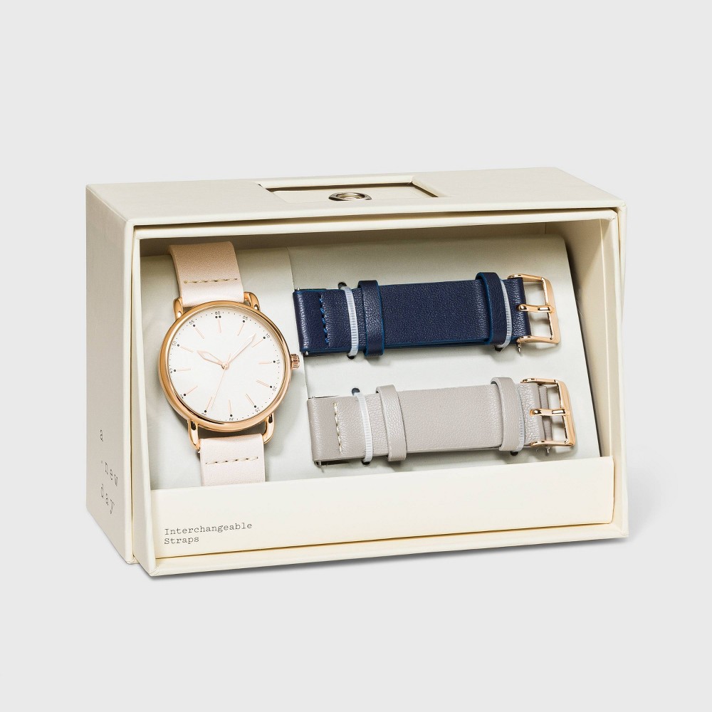 Photos - Wrist Watch Women's Strap Watch with Changeable Straps - A New Day™ Beige/Navy/Gray