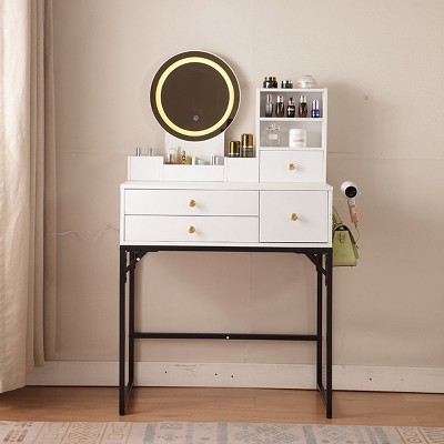 KTMBDW Vanity Desk with Mirror and Lights, Makeup Vanity Table Set with Power Outlets, 3 Lighting Modes, 3 Drawer and Storage Shelves,Bedroom,White
