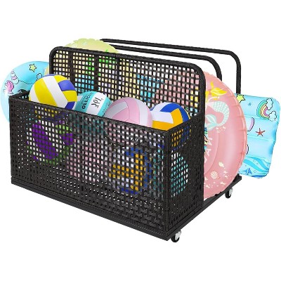 Pool Storage Bin - Outdoor Caddy w/Wheels for Toys, Floaties, Noodles, Towels & Life Vests, PE Rattan Design, Poolside Organizer