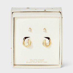 14K Gold Dipped Cubic Zirconia Gem Huggie Hoop and Stud Earring Set 2pc - A New Day™ Gold - 1 of 3