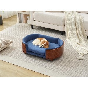 ORRD Scandinavian Elevated Dog Bed, Small Pet Sofa with Walnut Wood Legs & Washable Dark Blue Velvet Cushion, Orthopedic Support - 1 of 4