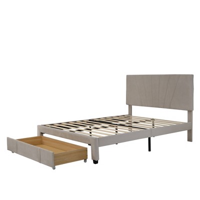 NicBex Queen Size Velvet Upholstered Platform Bed with 1 Drawer for Adults/Boys/Girls,Beige