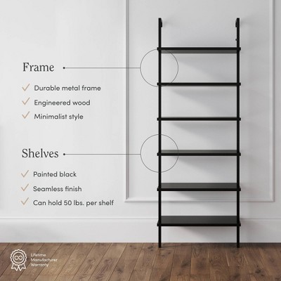 Theo Matte Black 6-Shelf Wood Ladder Bookcase
