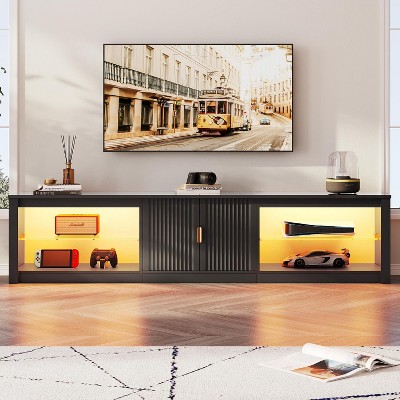 Bestier 80 inch TV Stand for TVs up to 85", High Gloss Entertainment Center with LED Lights & Storage Cabinet, Modern Fluted TV Console