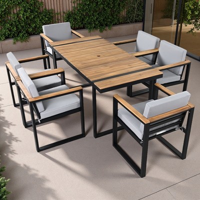 7-Piece Outdoor Patio Steel Dining Set with Umbrella Hole and 6 Cushioned Armchairs